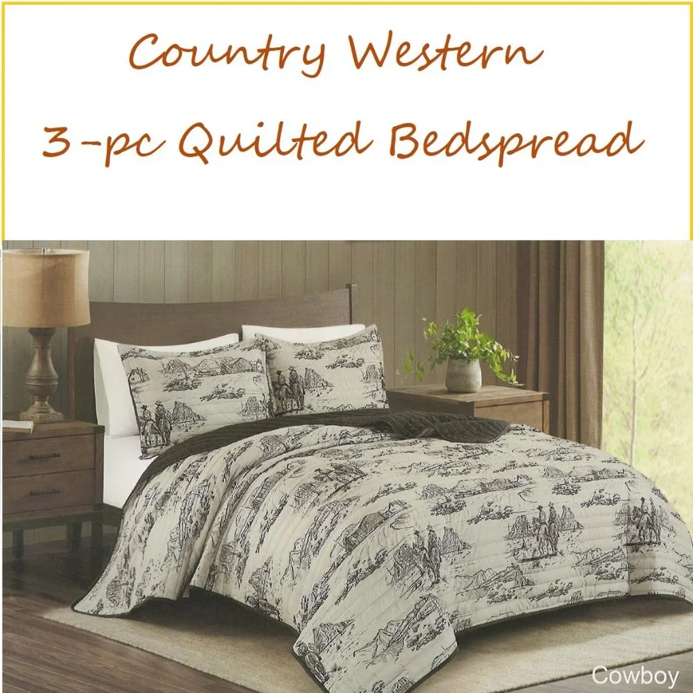 Country Western Design 3 Piece Quilted Bedspread Set Queen Size & King Size